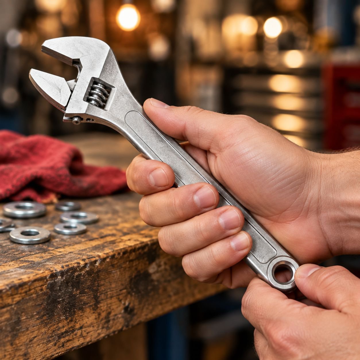 Forged steel adjustable wrench tool close-up