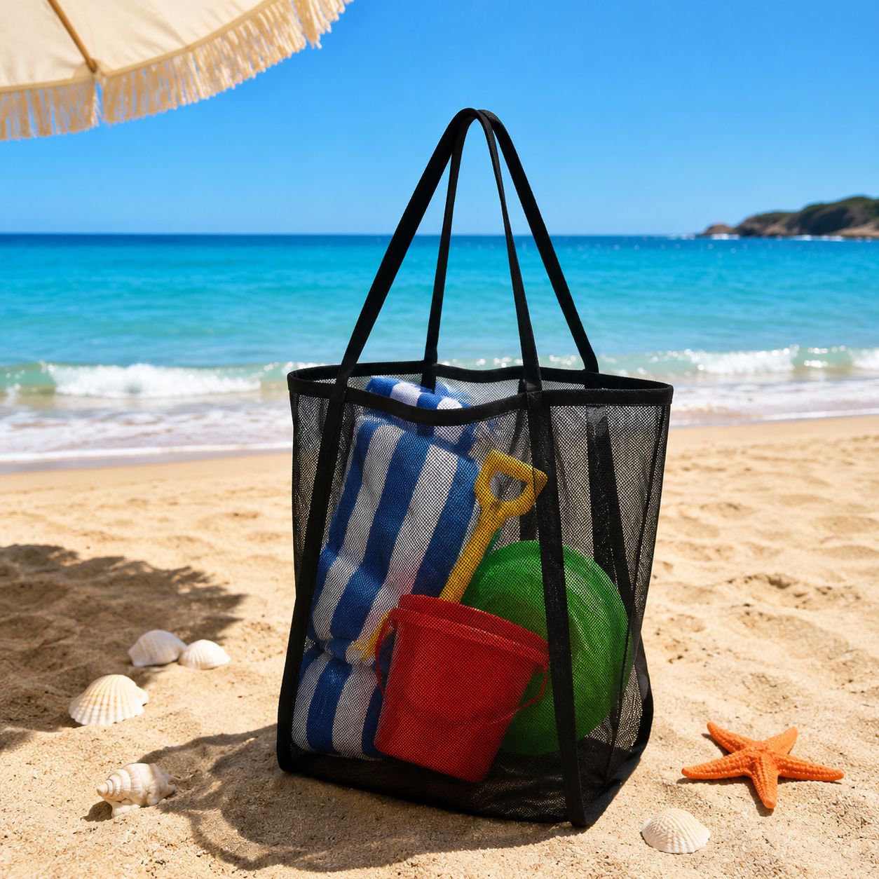Bolso de playa de malla portátil de un solo hombro para juguetes, color sólido