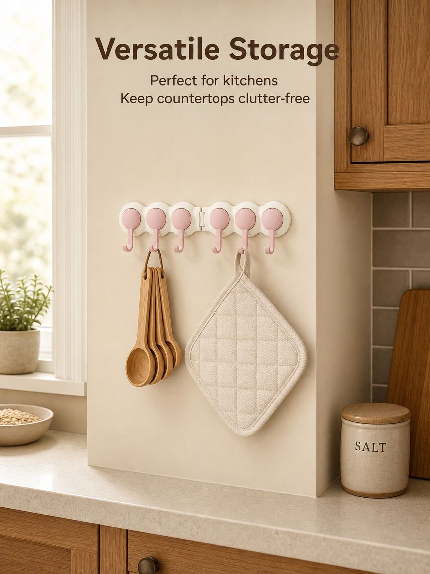 Cream wall hooks used for hanging bags and accessories