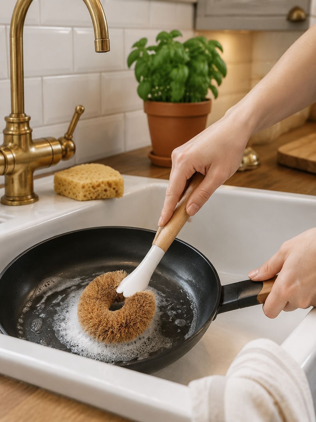 Eco-friendly coconut scrubber removing tough stains from dishes