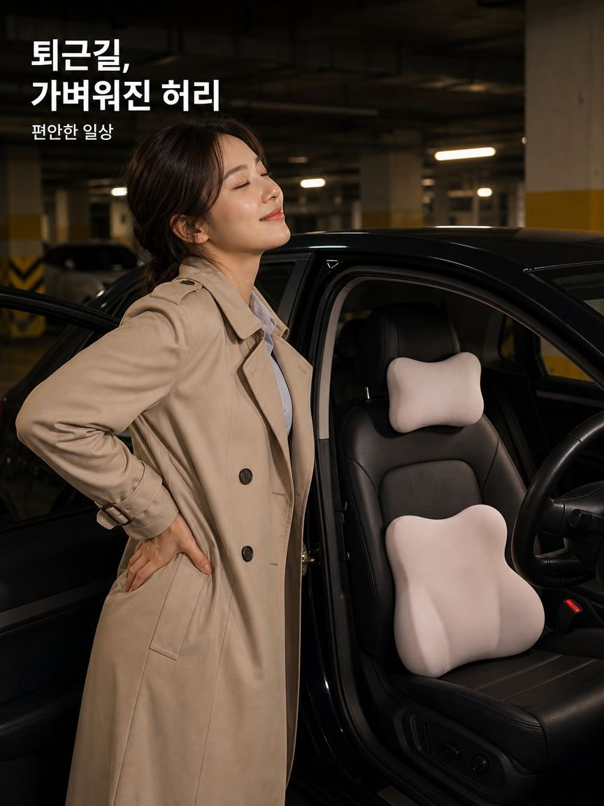 허리 보호를 위한 자동차 쿠션 사용 예시