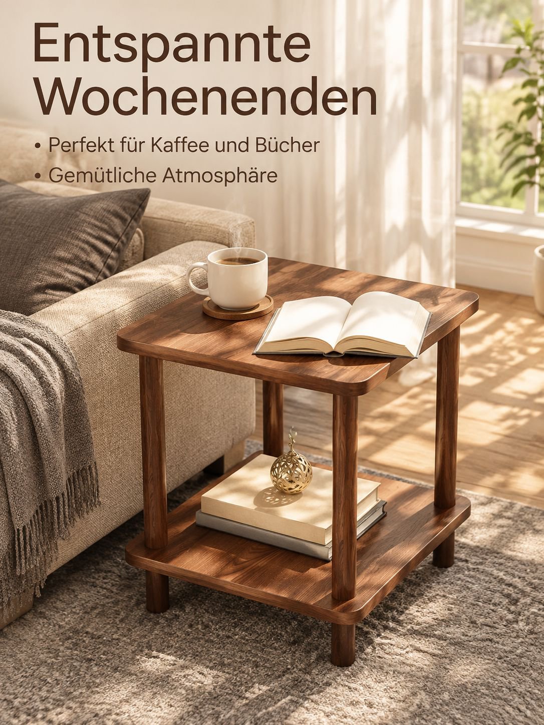 Rollbarer kleiner Ablagetisch aus Walnussholz im Wohnzimmer