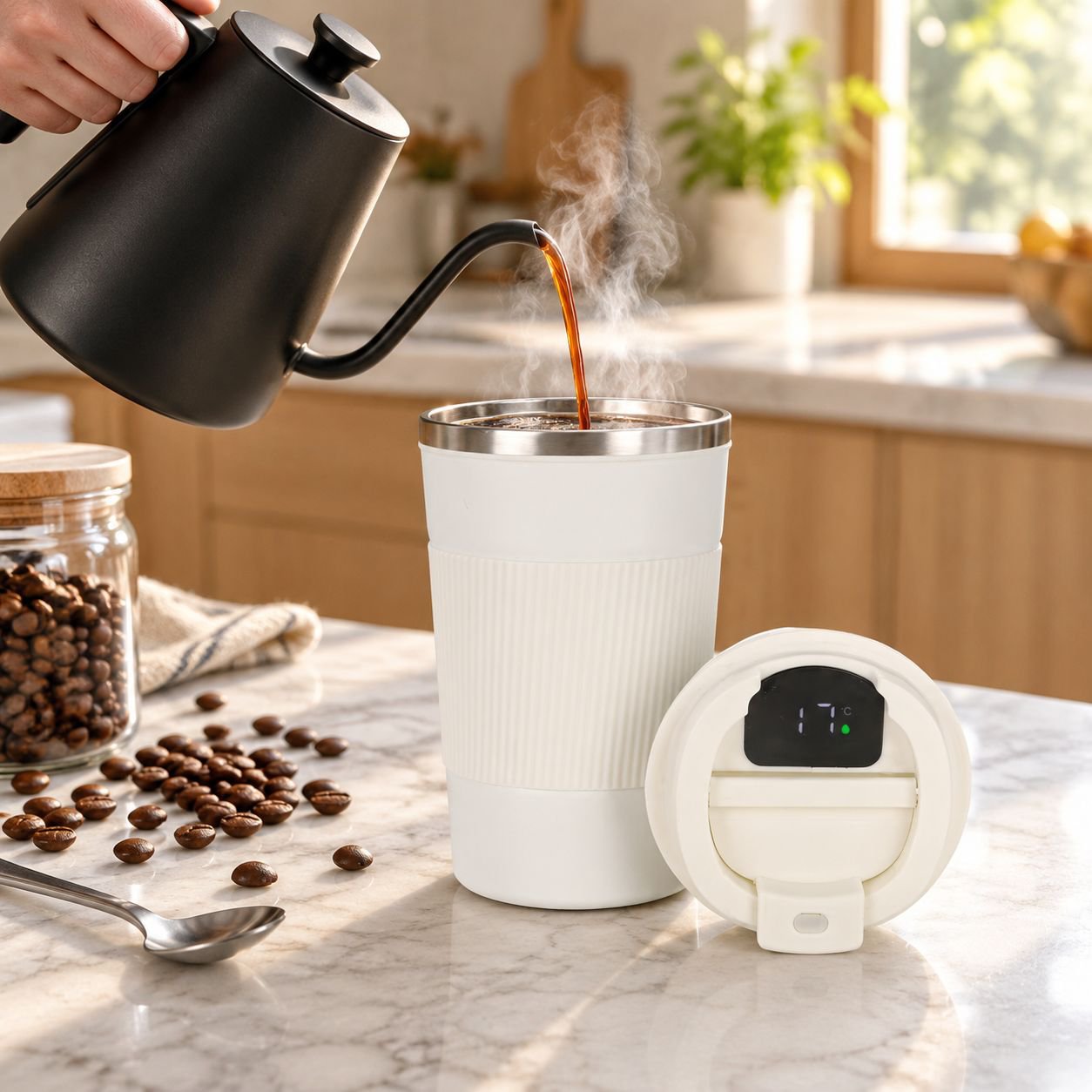 Close-up of real-time temperature display on coffee thermos mug