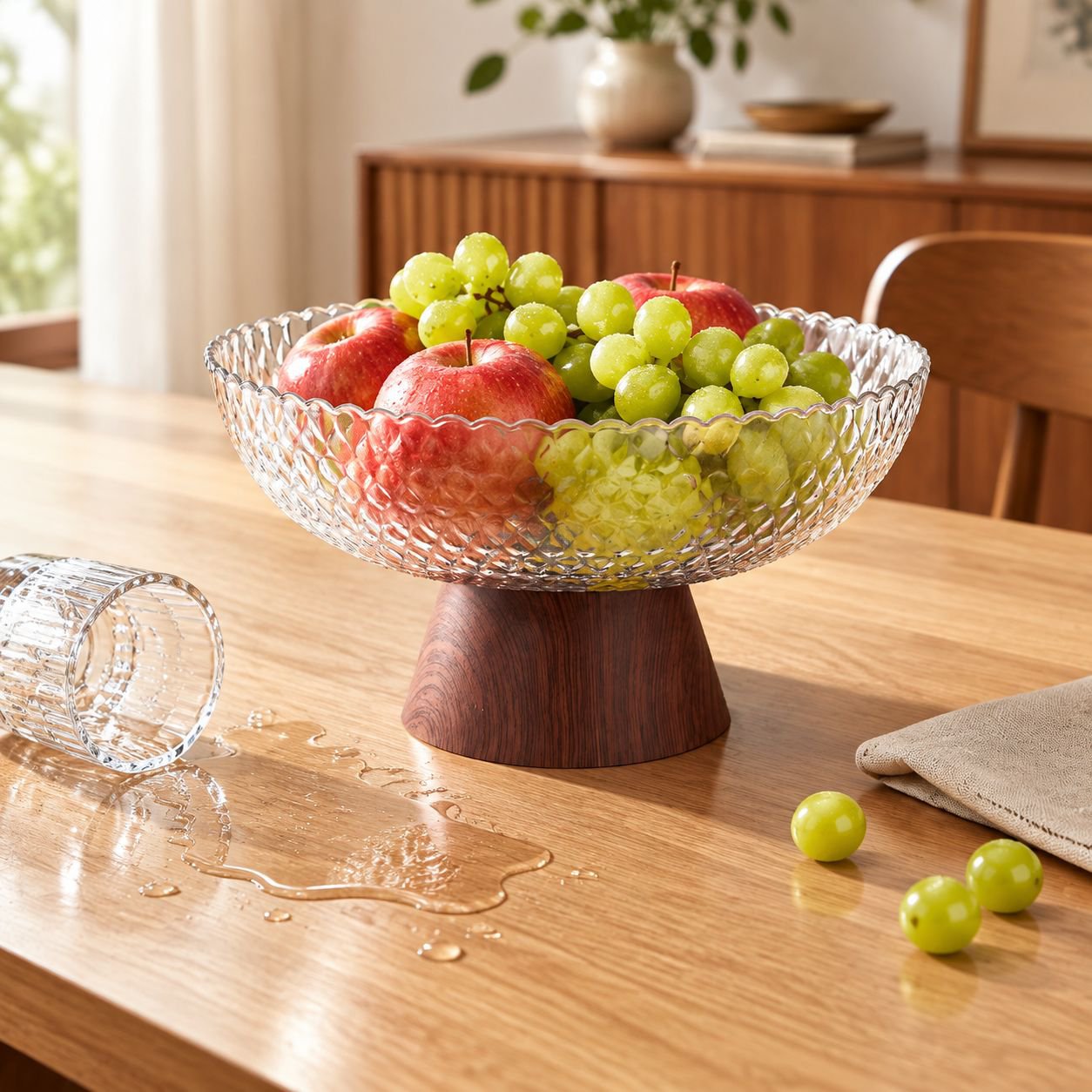 Side view of Retro Wooden Pattern Tea Table Set with fruit display
