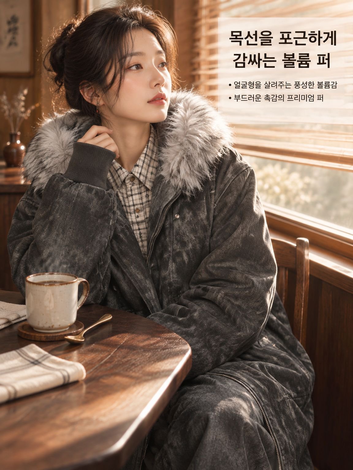 문예 복고풍 나염 패딩 나른한 스타일 퍼 카라 롱 점퍼