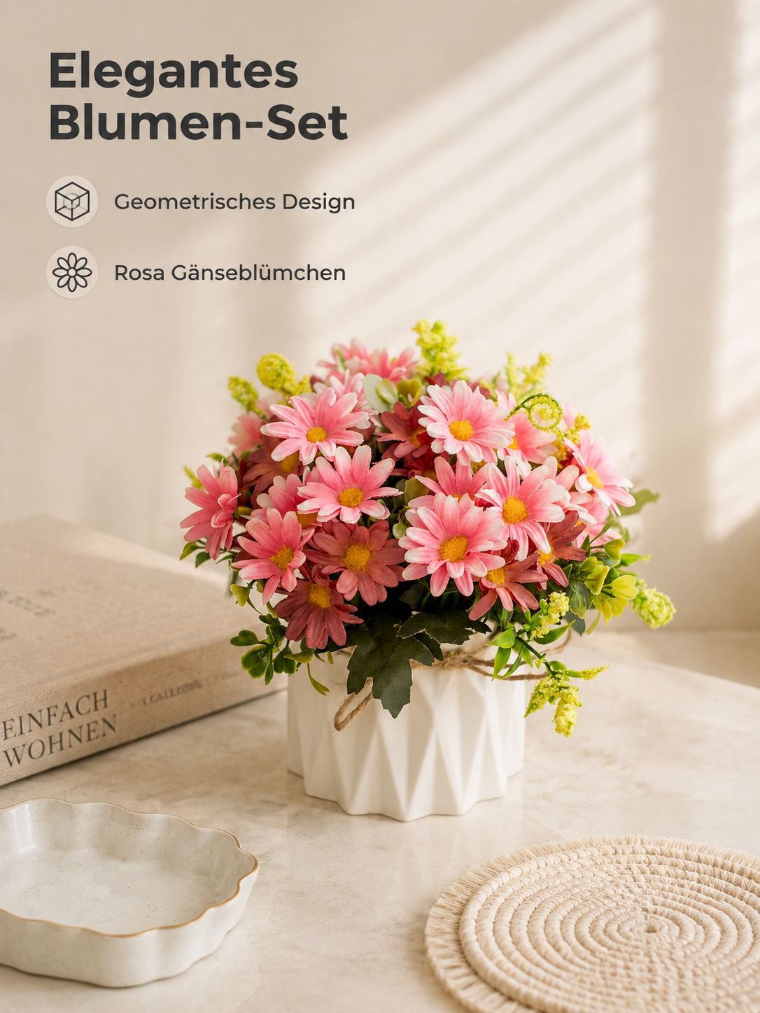 Juteseil-Deko-Vase mit künstlichen Blumen für Zuhause