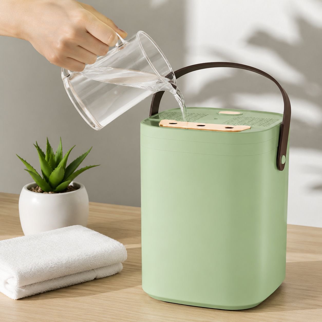 Mother and baby using silent humidifier on desk