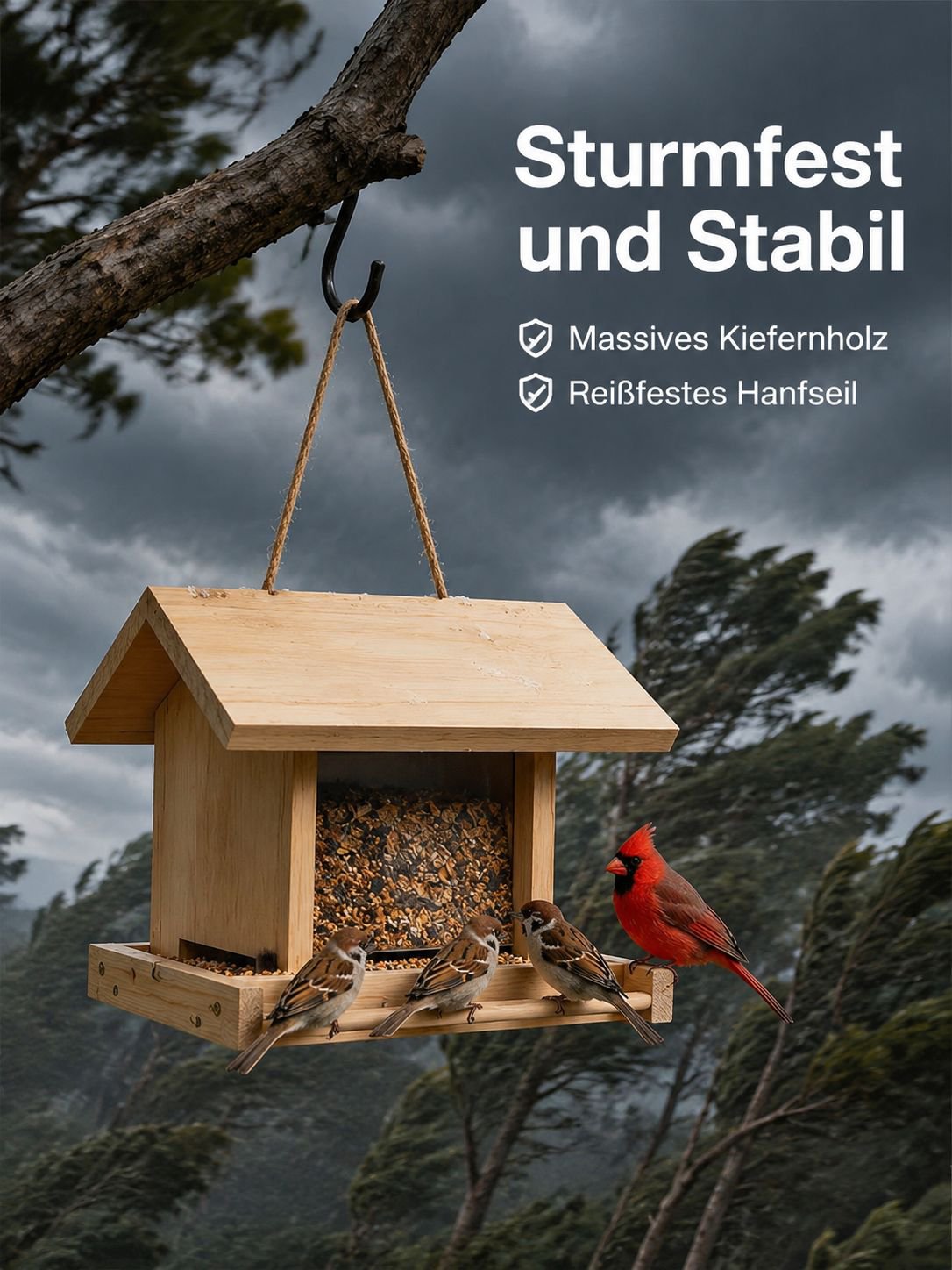 Vogel-Futterstation aus Kiefernholz, Villa-Stil, Pastoralischer Garten und Balkon-Hängedeko