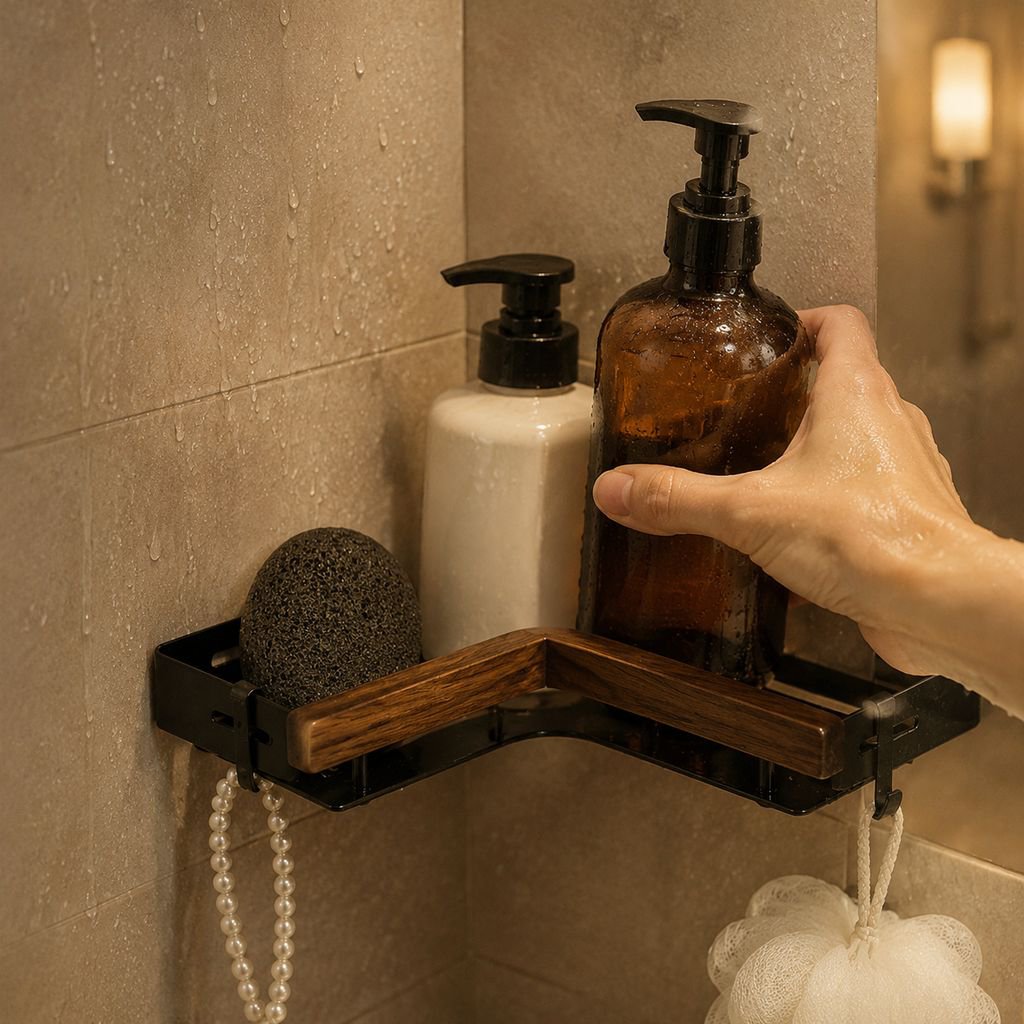 Bathroom sink area organized with wooden storage shelf