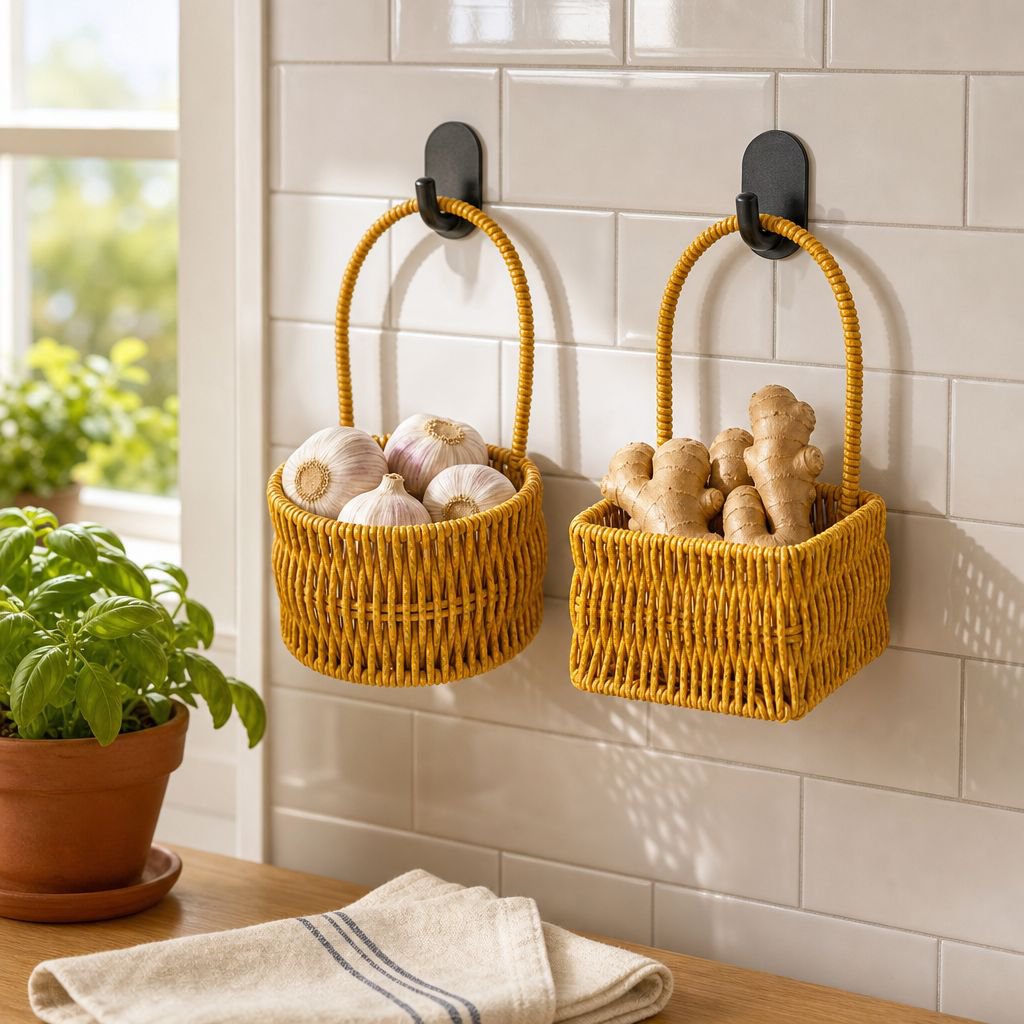 Multi-functional Imitation Rattan Wall-mounted Basket for Kitchen