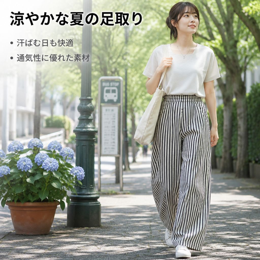 レディース ハイウエスト黒白ストライプストレートワイドパンツ