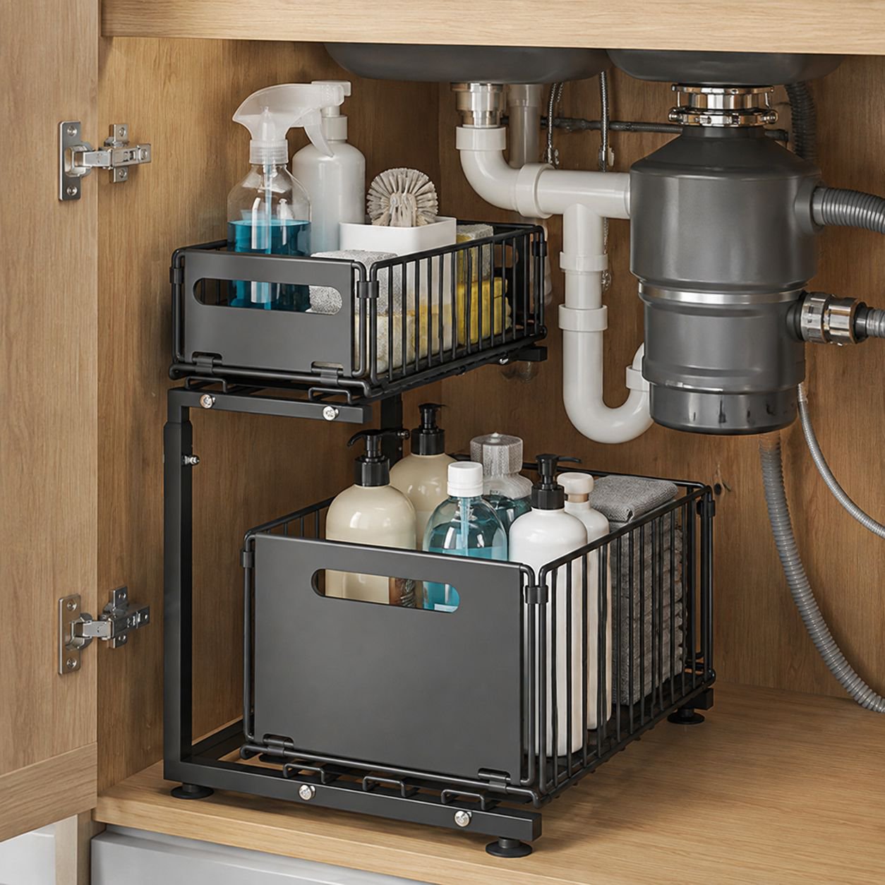 Foldable pull-out basket under the sink in the cabinet to store spice drawers, pull-out cabinet laye