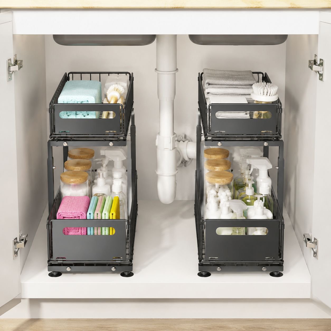 Foldable pull-out basket under the sink in the cabinet to store spice drawers, pull-out cabinet laye