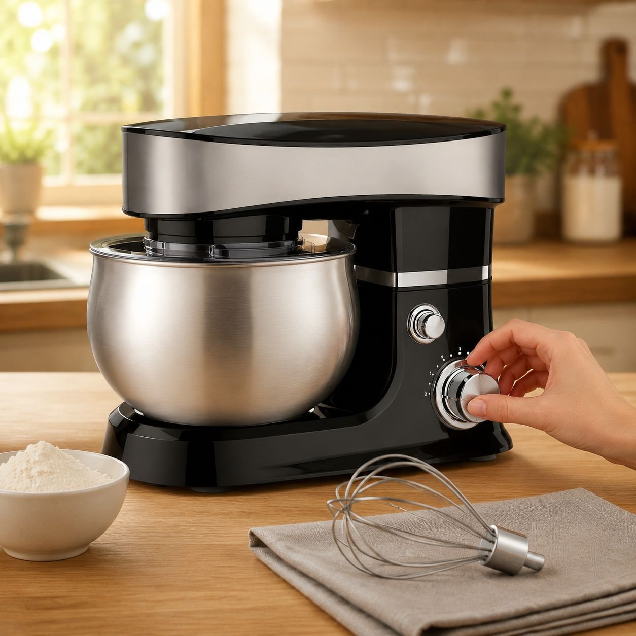 Stand mixer kneading dough in stainless steel bowl