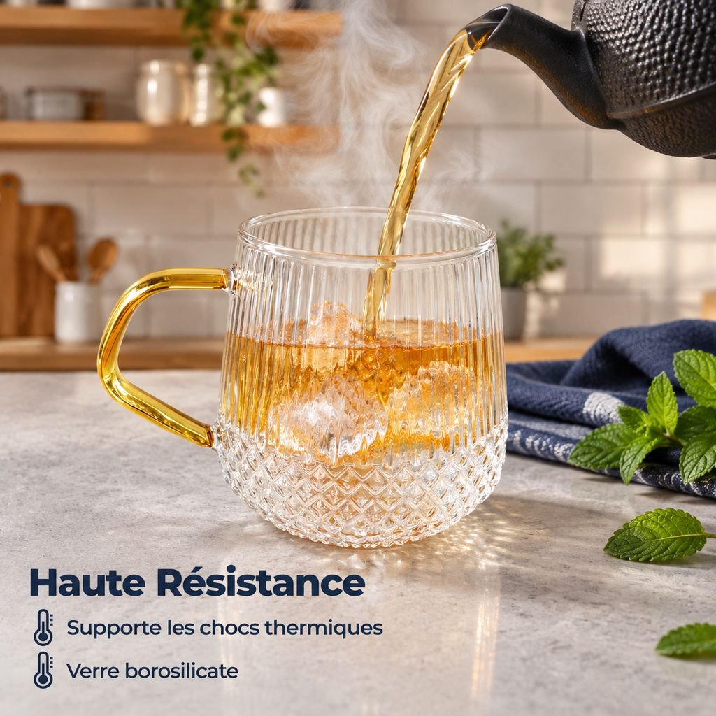 Tasse en Verre Borosilicate Rayé avec Anse Verre à Thé Café