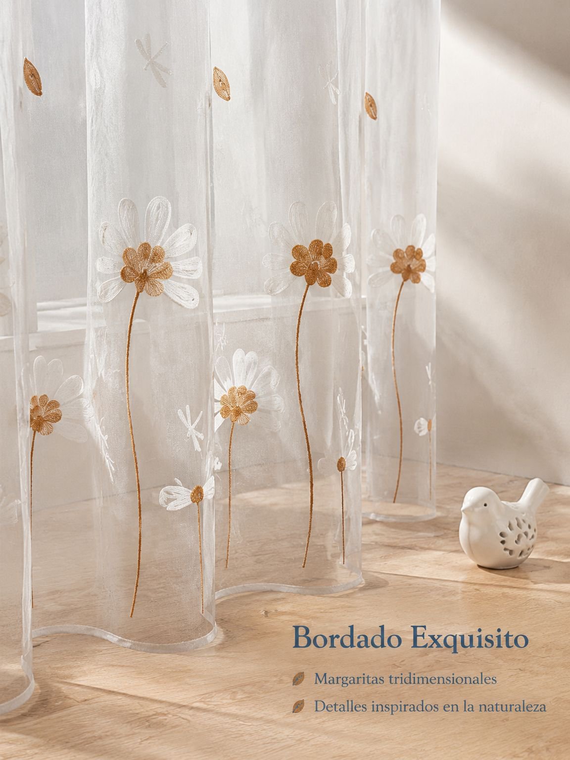 Cortinas de gasa minimalistas con diseño de margaritas para salón y dormitorio