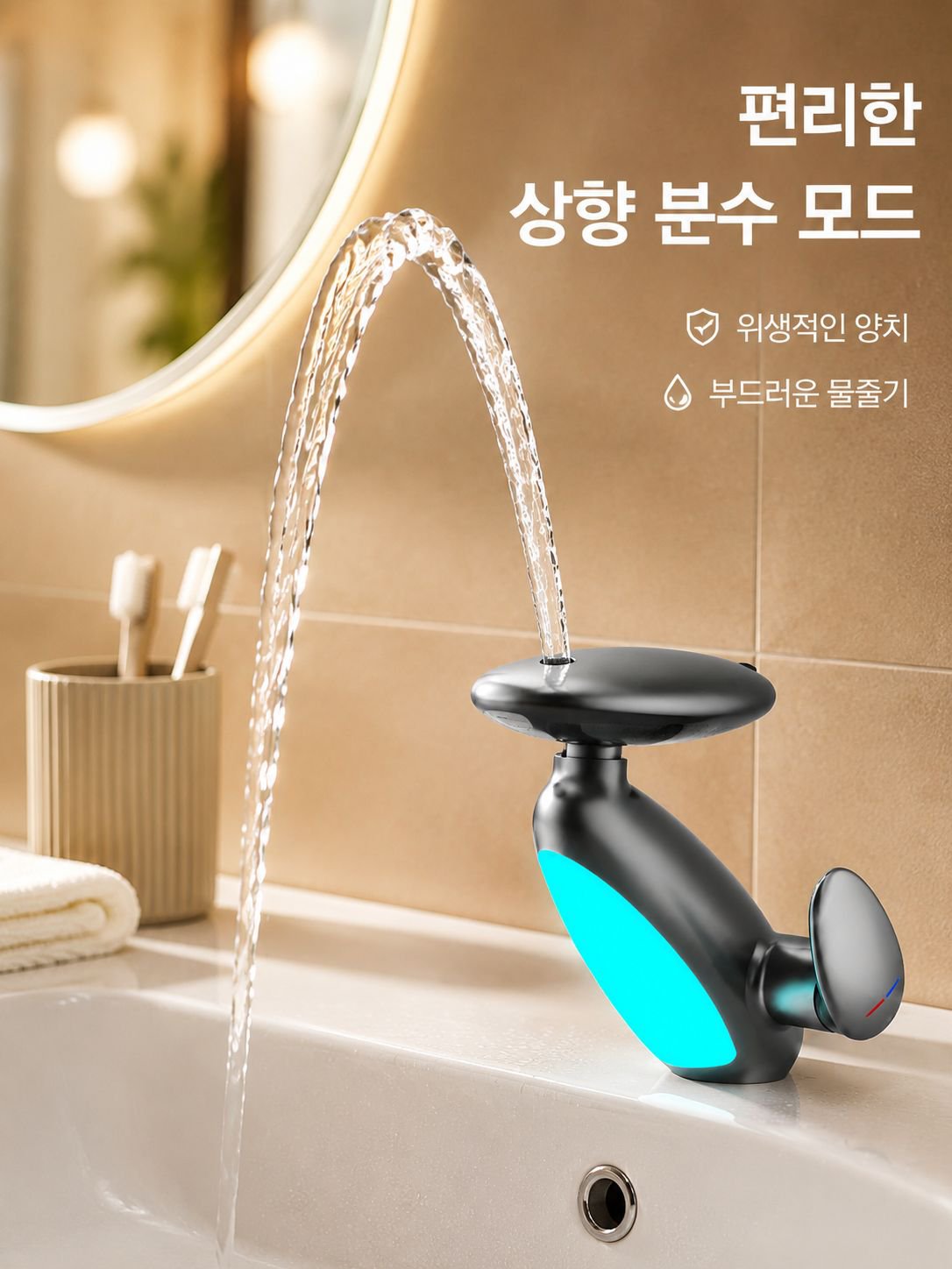 냉온 회전 상부 분사 무드등 펭귄 확장형 수도꼭지