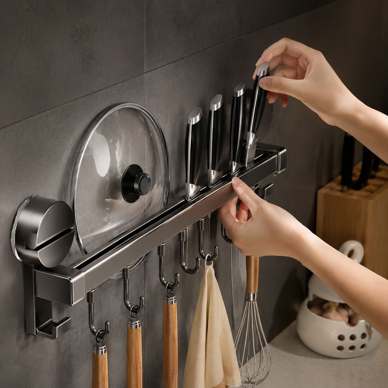 Utensils and pans organized on gunmetal gray kitchen bar