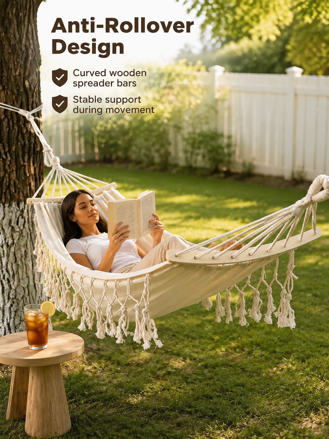 Durable camping hammock with decorative tassels