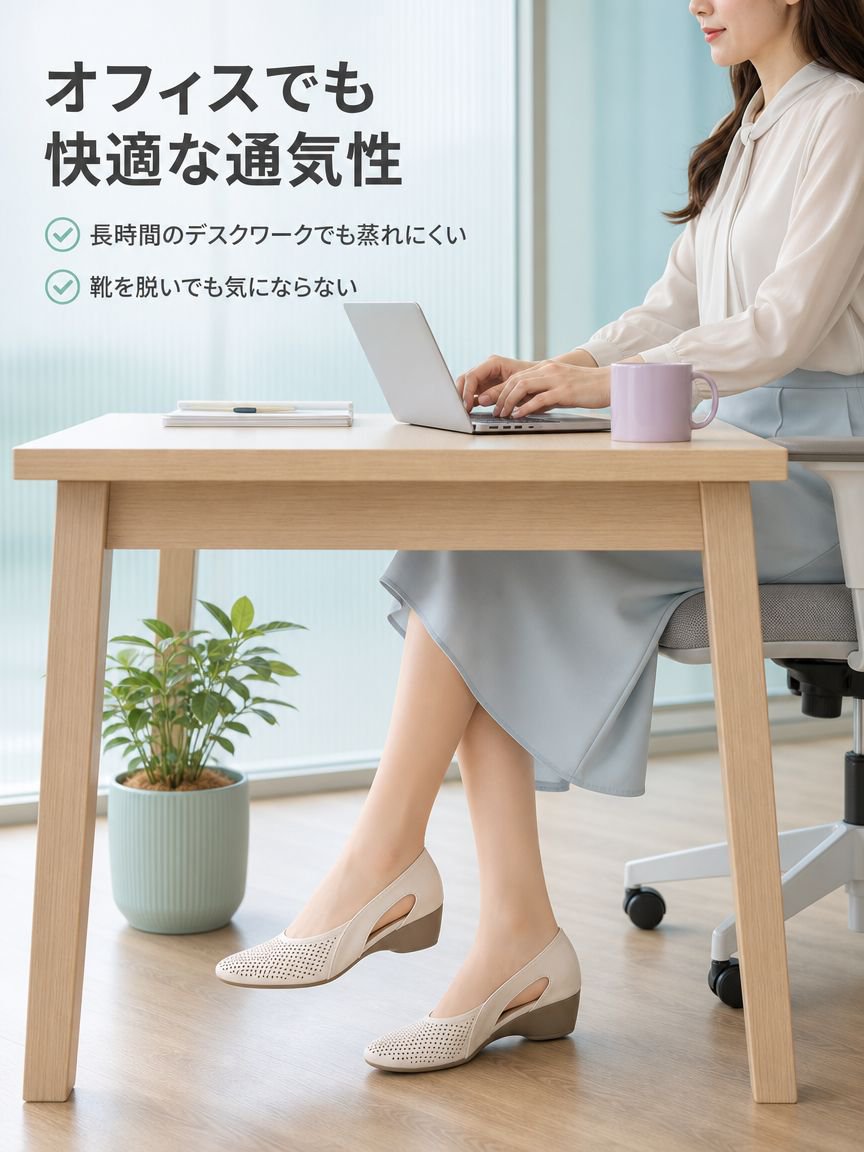 レディースウェッジソールパンチングパンプス全体写真