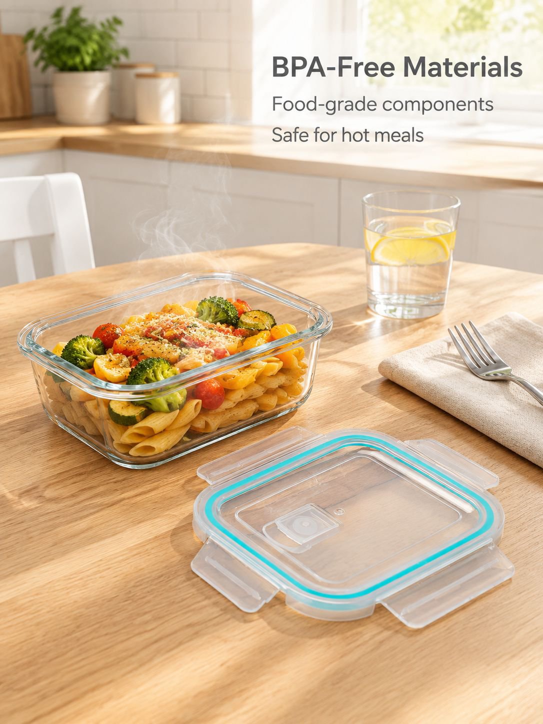 Microwave-safe glass container for reheating packed lunches
