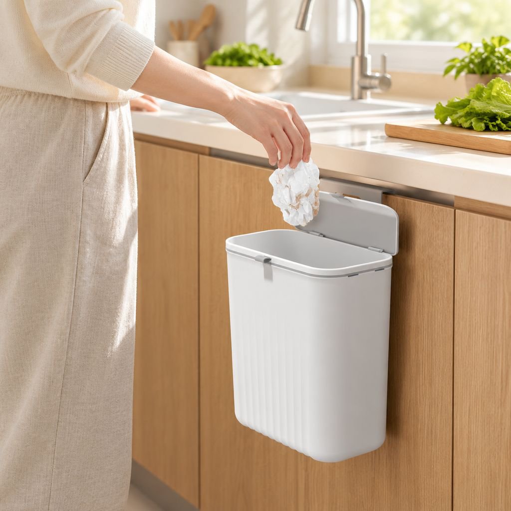 Wall-mounted sliding lid waste bin in a minimalist kitchen