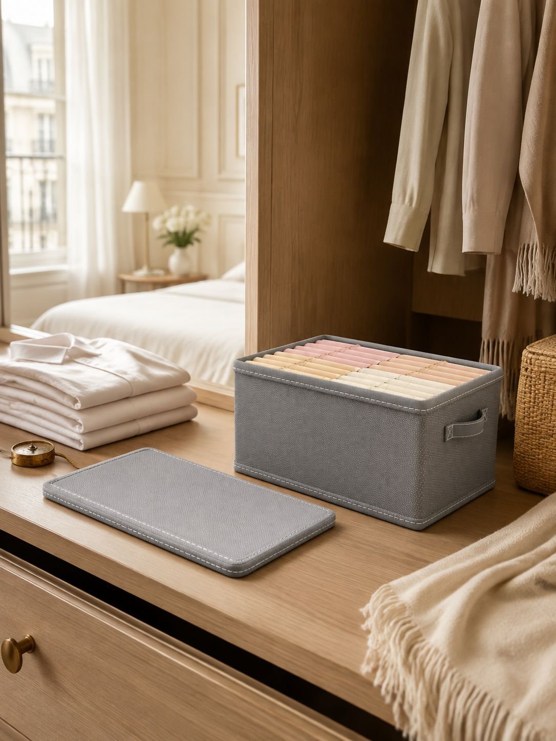Boîte de rangement en tissu non tissé avec plaque PP épaissie, rangement pour vêtements type tiroir