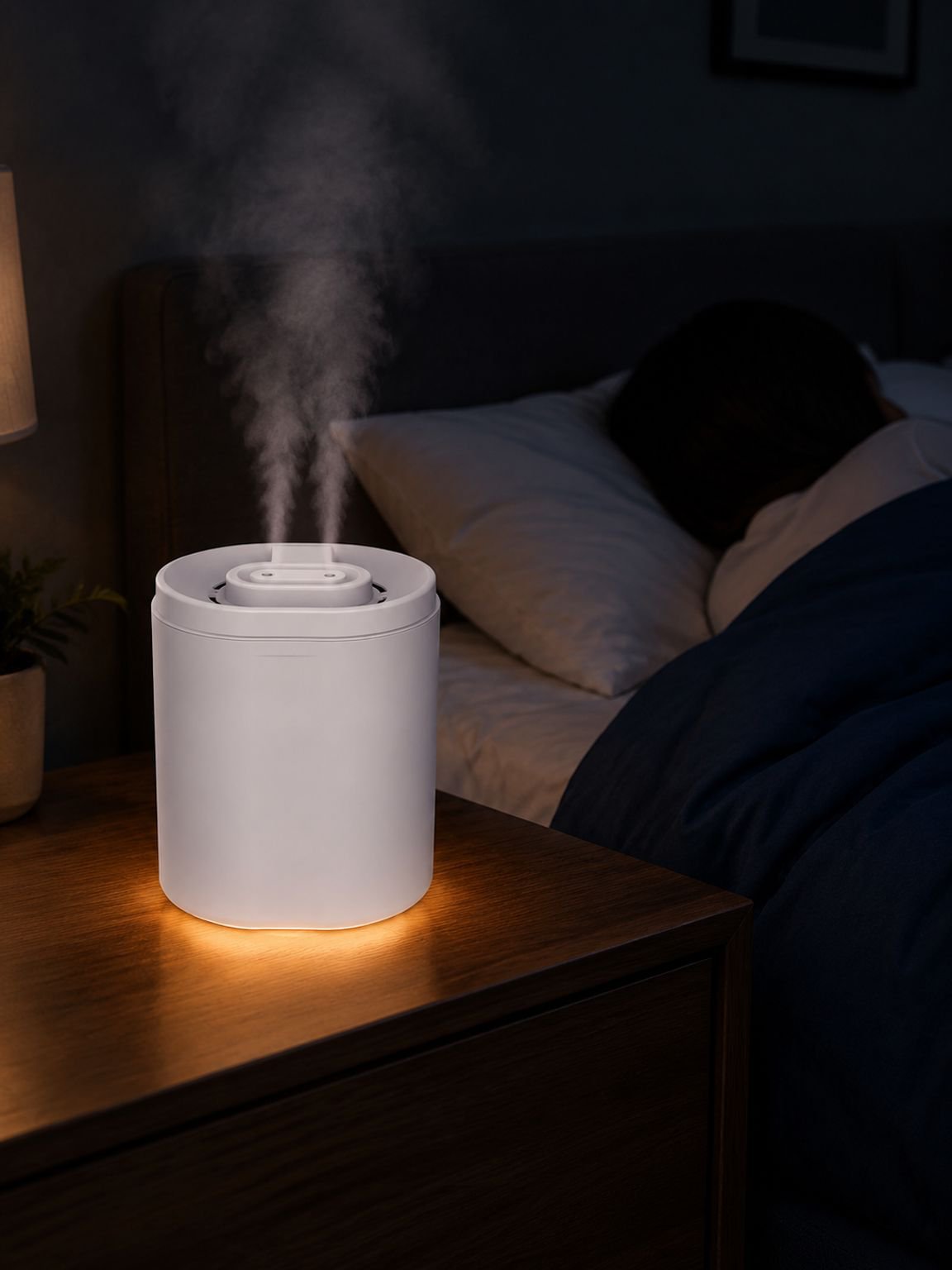 Modern humidifier with dual spray heads and LED ambient light