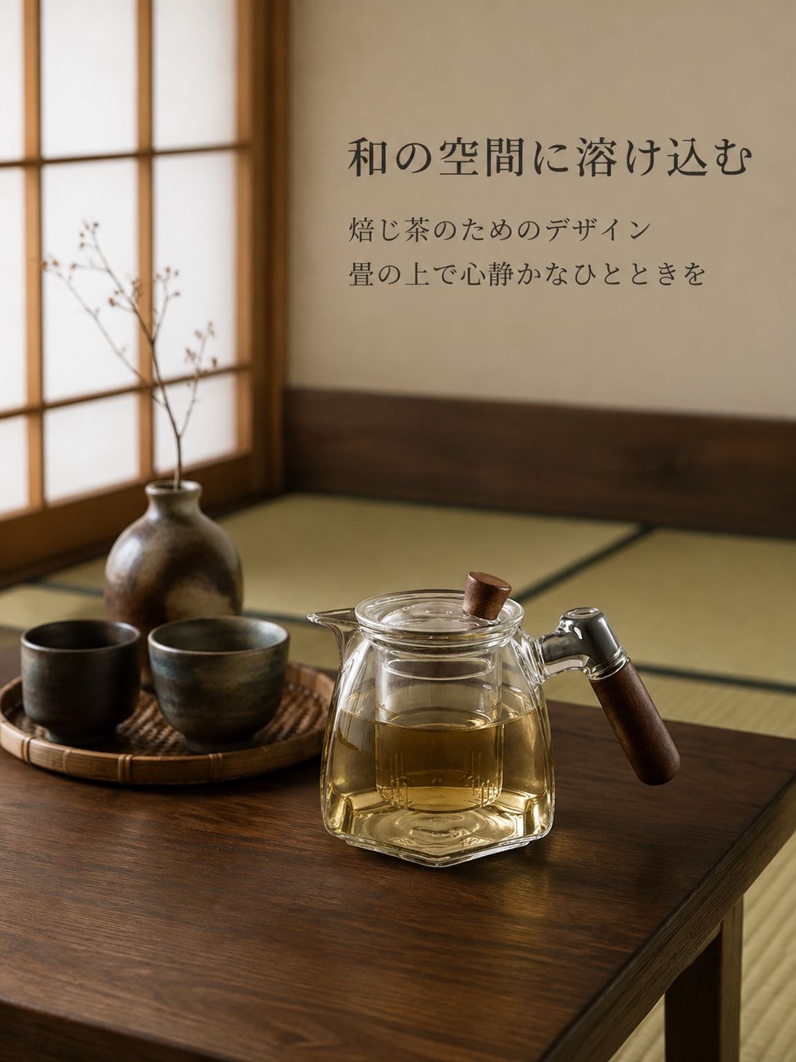 ガラスソリッドウッドハンドルほうじ茶器
