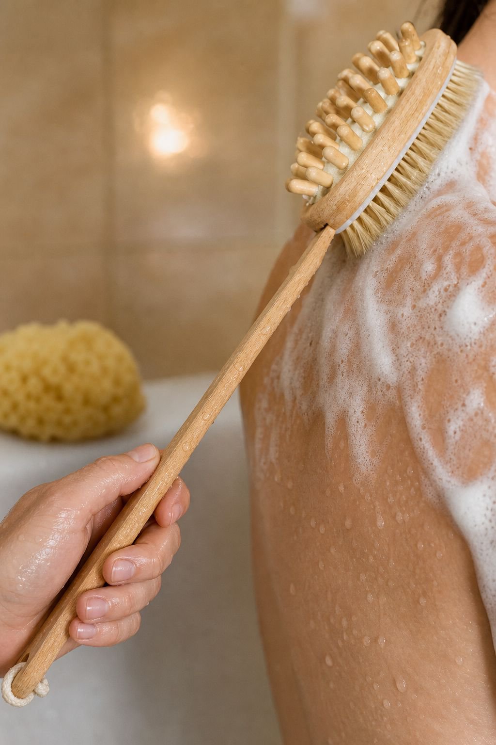 Brosse de bain double face en poils de porc avec long manche
