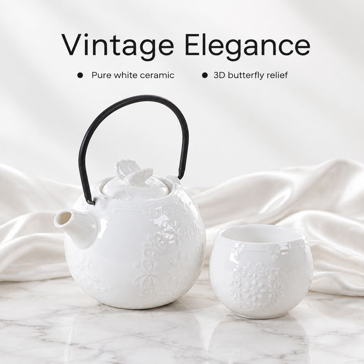 European-style ceramic teapot with butterfly relief