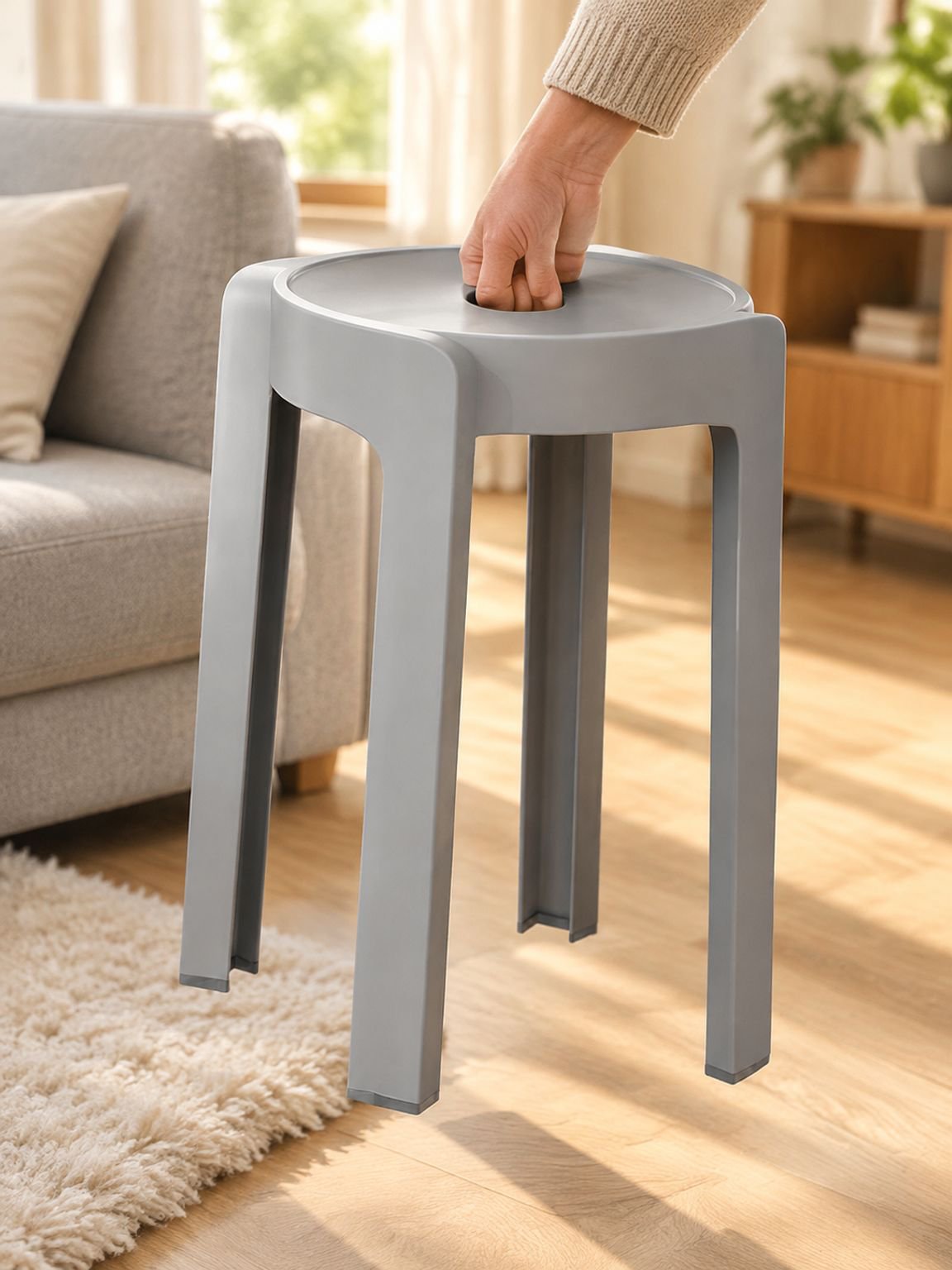 Thick plastic seat and sturdy legs on a modern stool