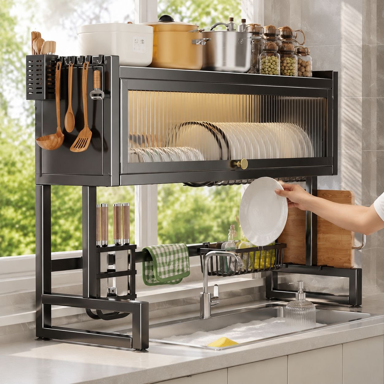 Dish drainer with drainage tray on sink countertop