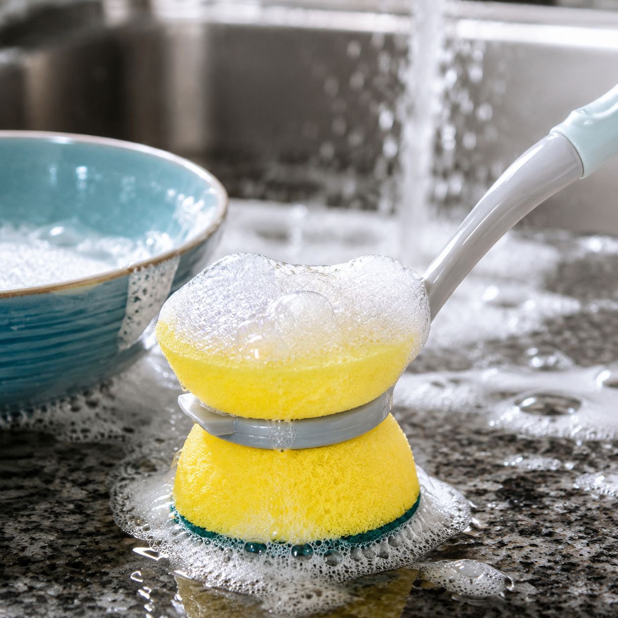 Pot brush with replaceable sponge head for kitchen cleaning