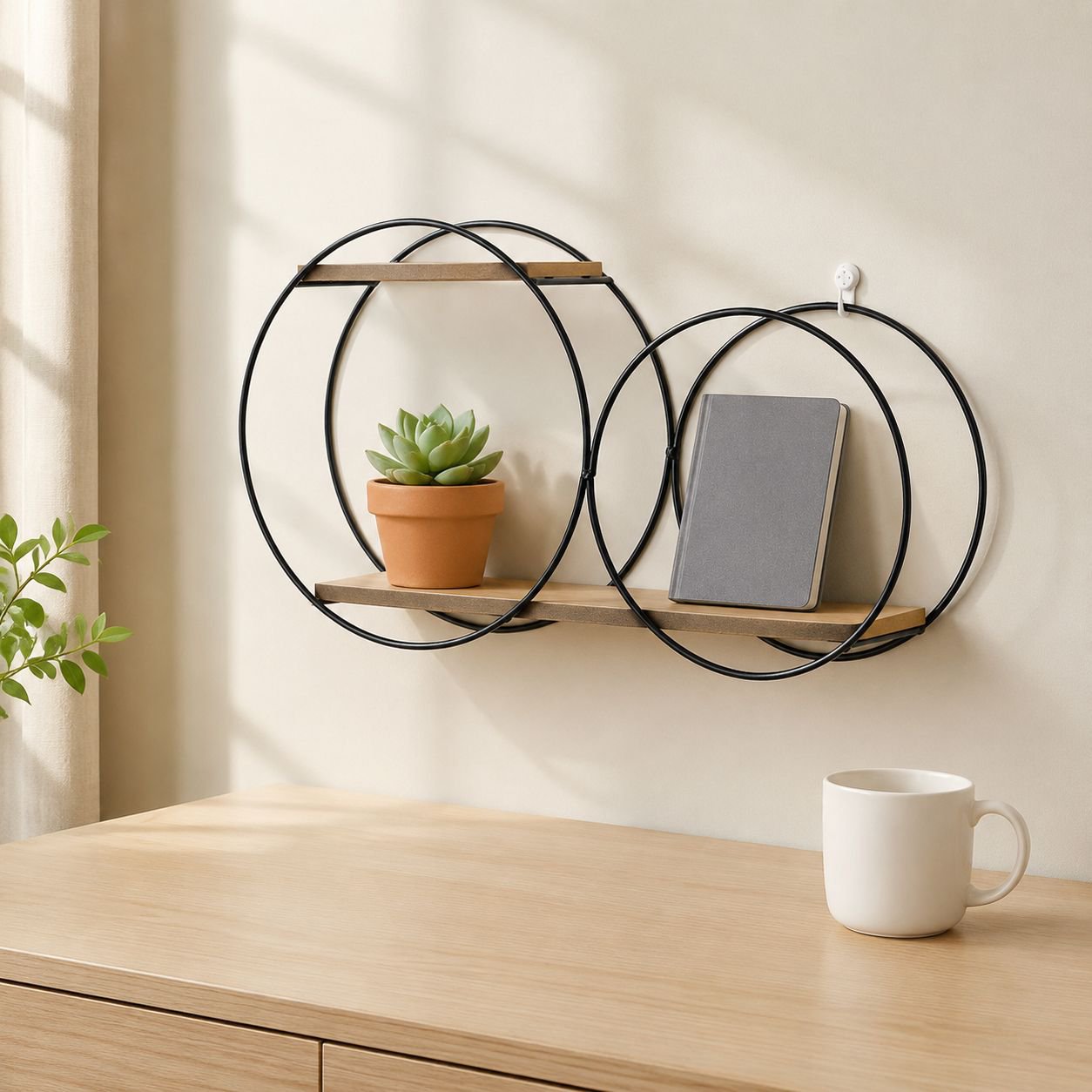 Punch-free wall-mounted storage shelf in modern bedroom