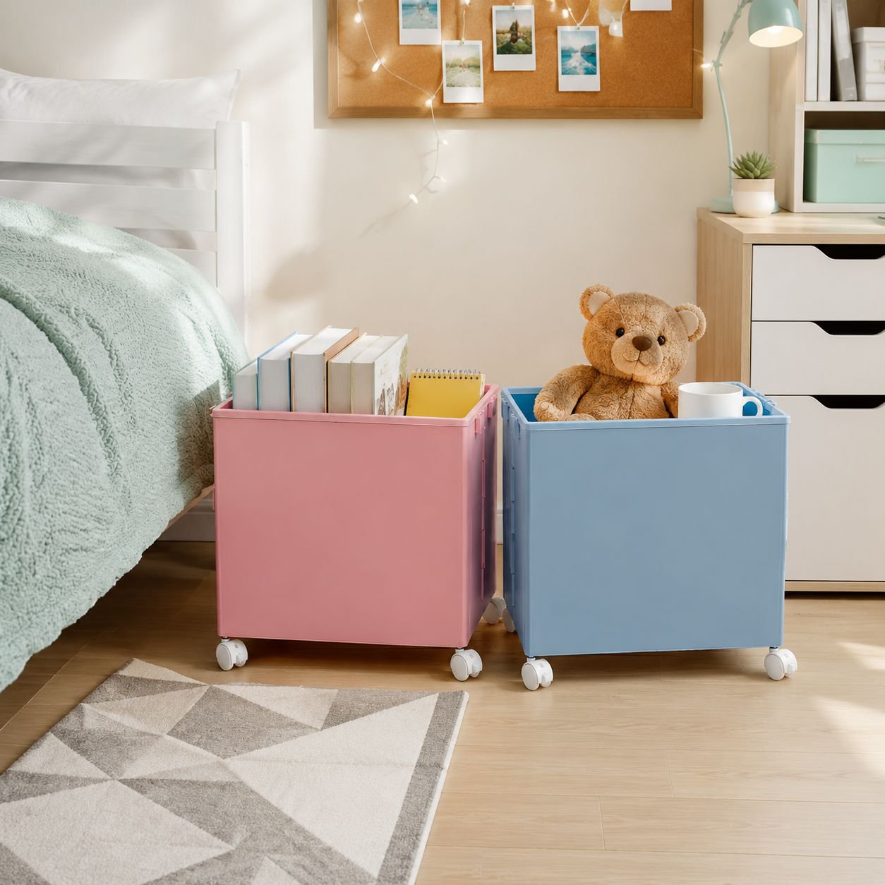Portable under-desk trolley with wheels and lid for storing books, snacks, and other items; a foldab
