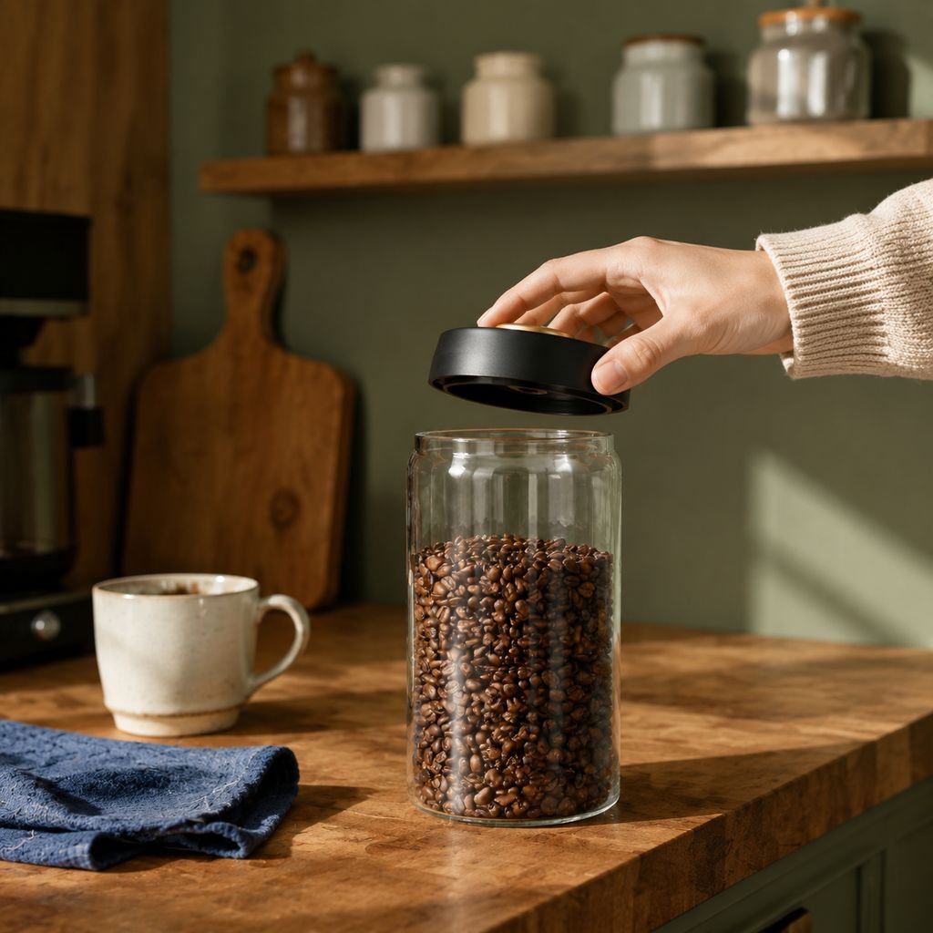 Fresh coffee beans in airtight glass canister