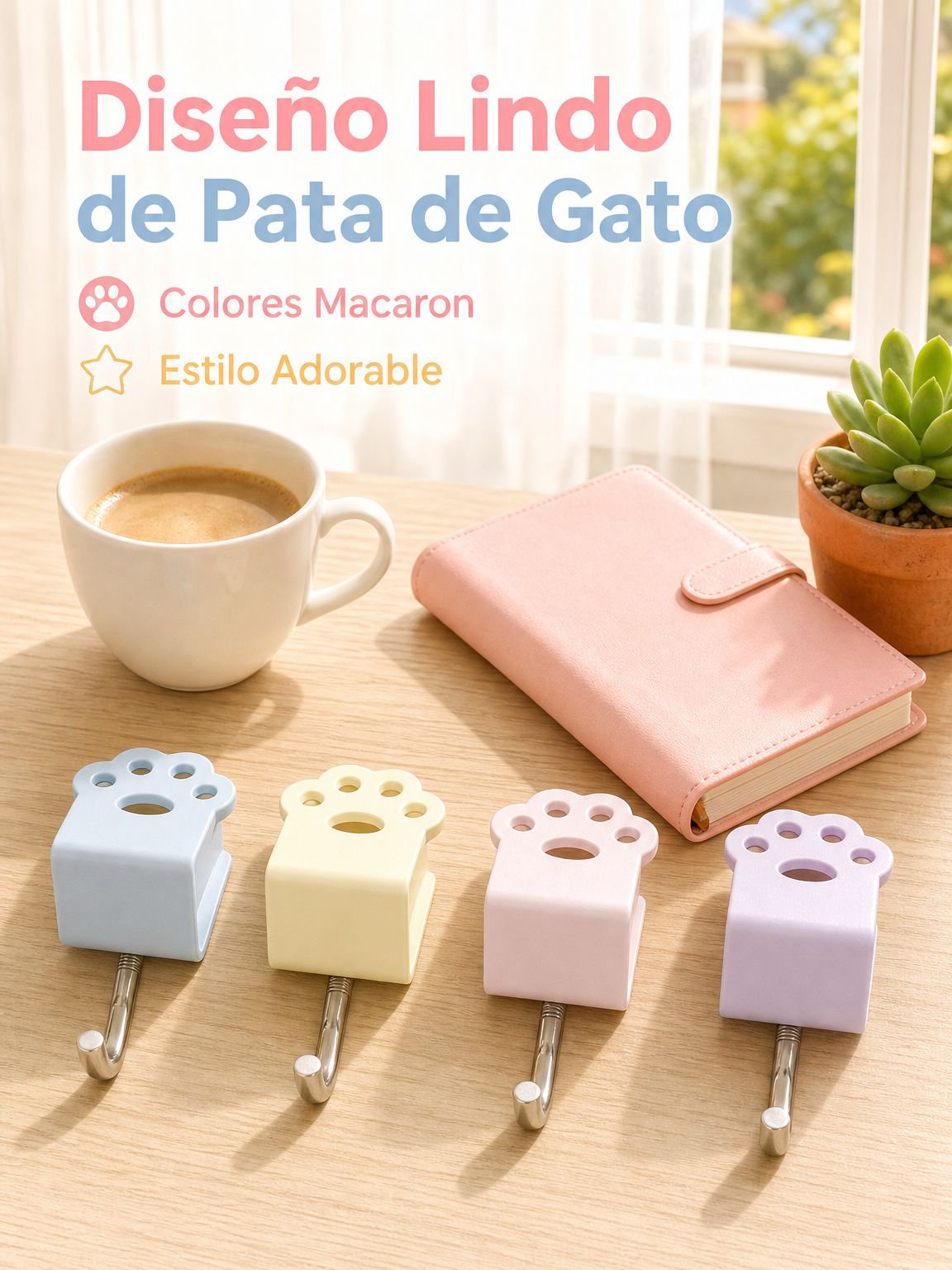 Gancho de mesa con forma de pata de gato en colores macaron, sin necesidad de taladrar