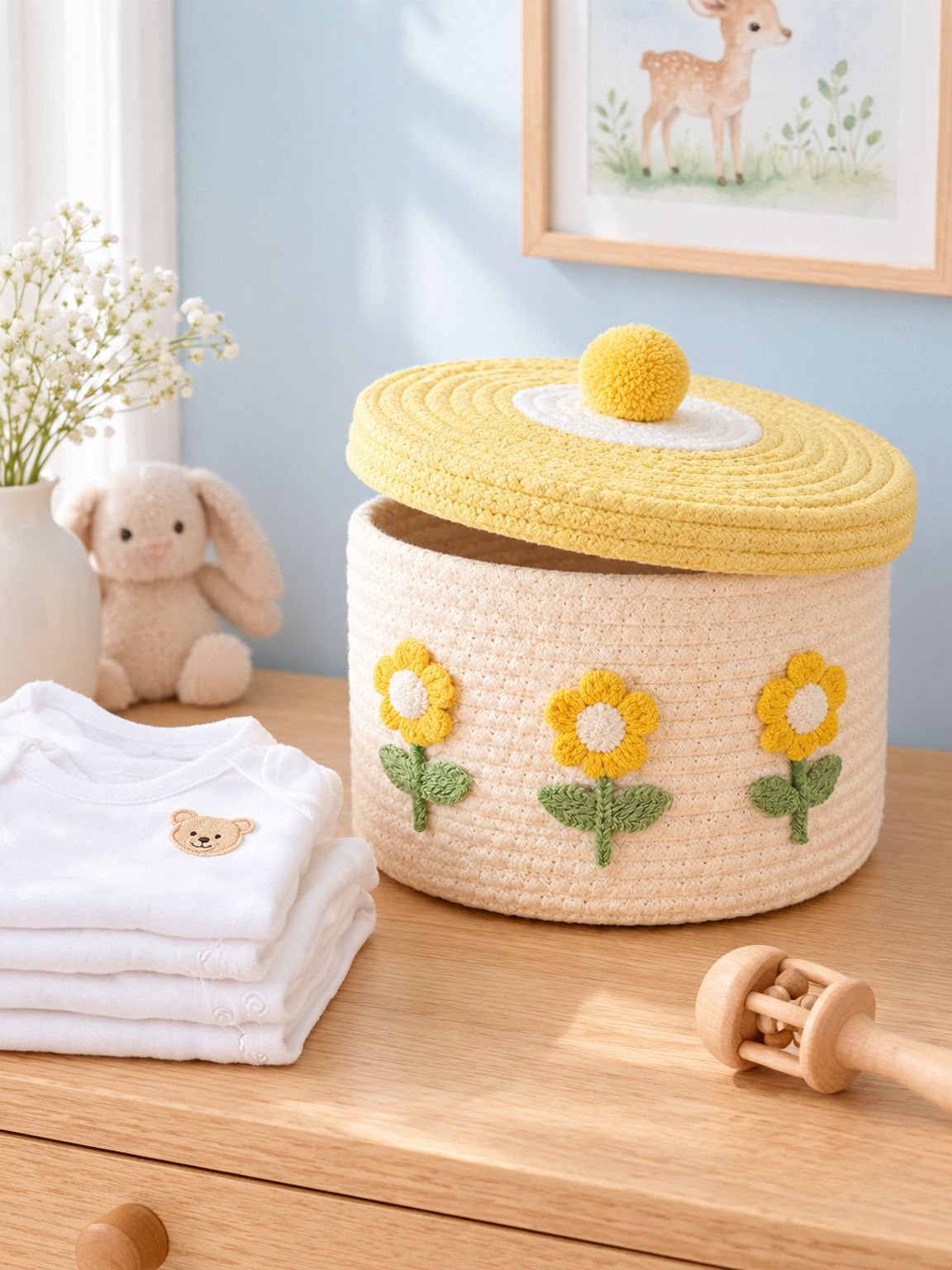 Eco-friendly lidded storage basket holding household items
