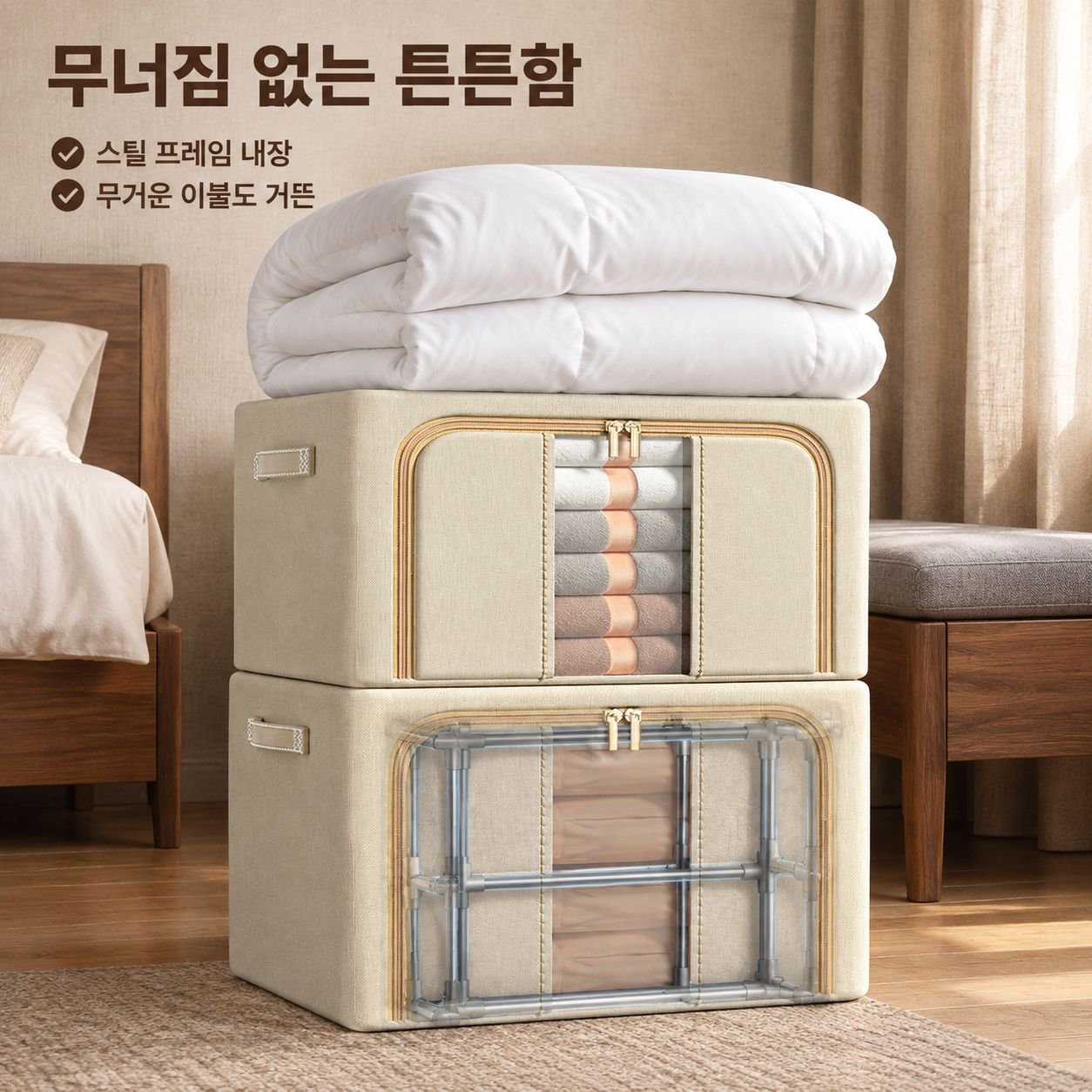 가정용 접이식 옥스포드 스틸 프레임 수납함 옷 이불 정리함