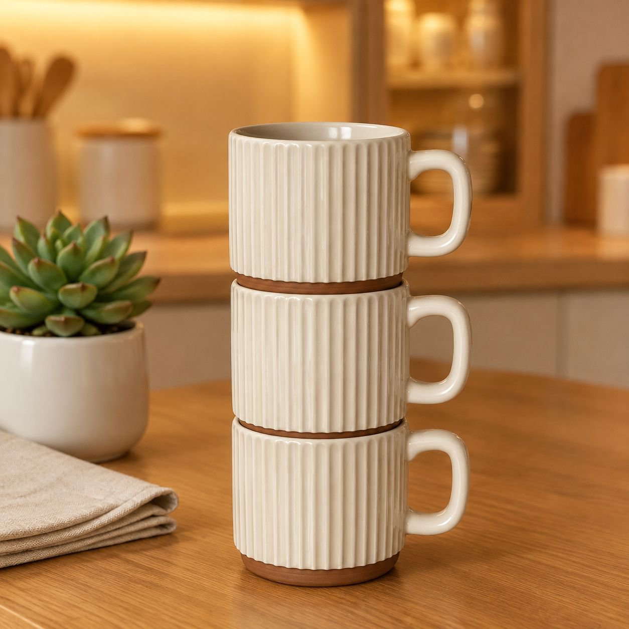 Taza apilable beige de alto diseño, taza de café latte vintage con relieve