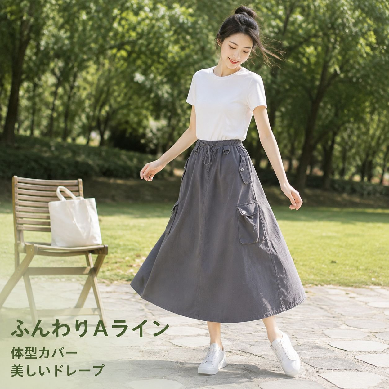 夏新作ハイウエストゆったりAラインブラックワークロングスカート
