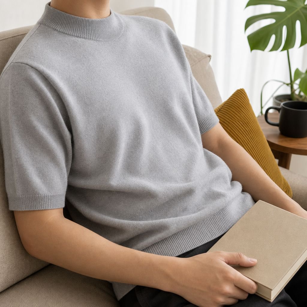 通気性抜群のメンズニットTシャツ素材アップ