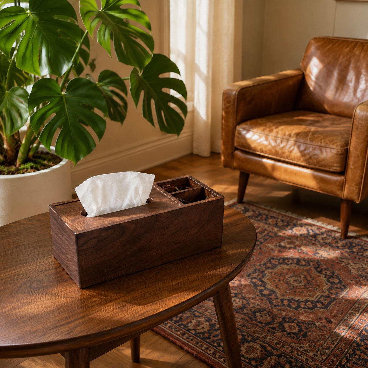 Elegant walnut tissue holder for modern living rooms