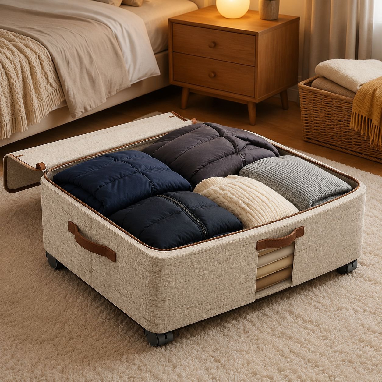 Eco Cotton Linen Under-Bed Storage Bin with Wheels and Lid, Mobile Organizer