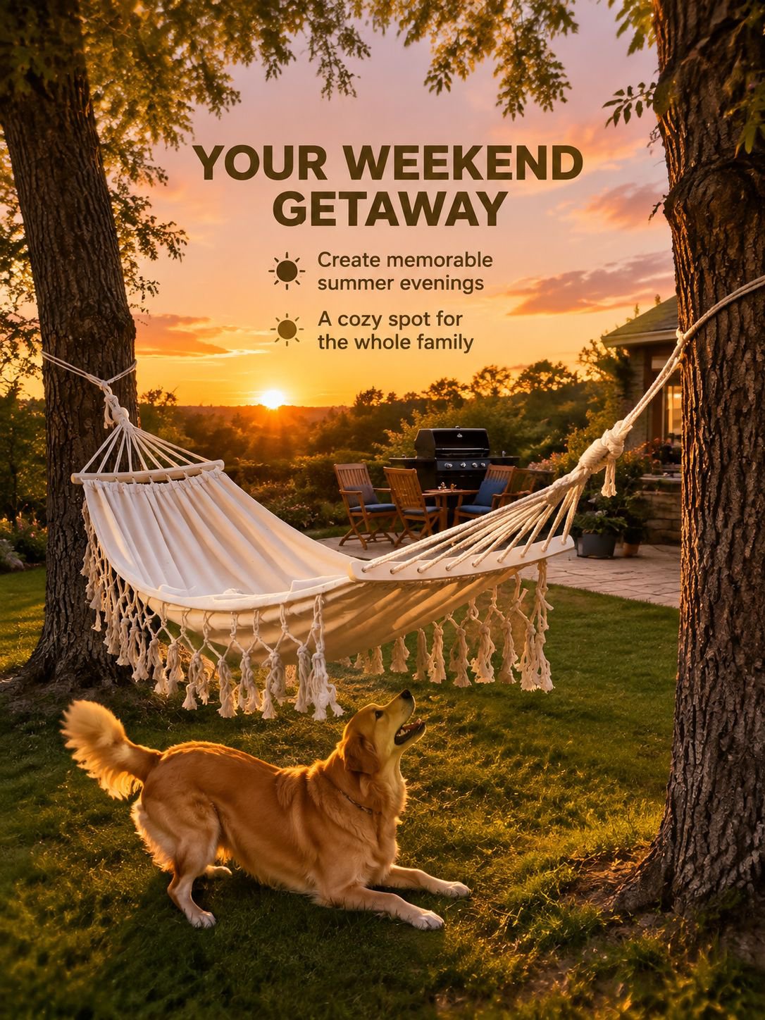 Canvas hammock set up in a backyard, perfect for lounging