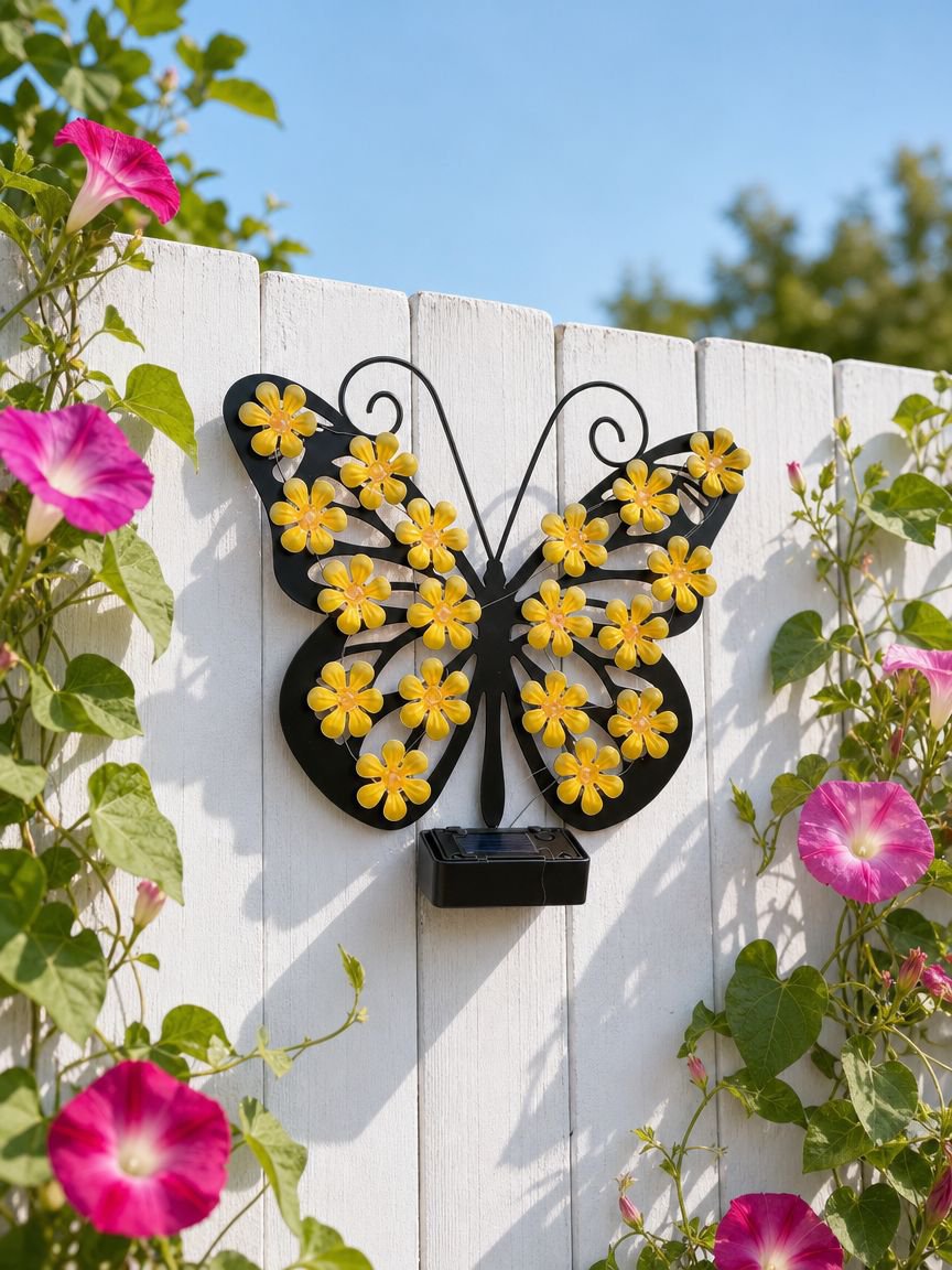 Easy-to-install solar butterfly wall light for fences
