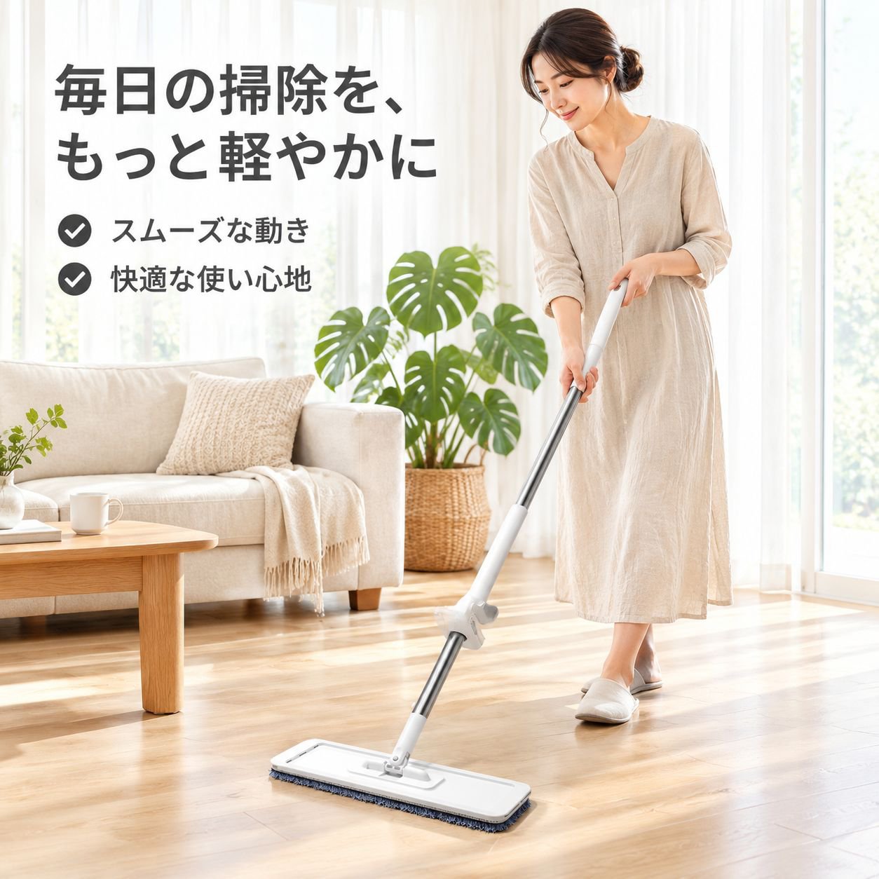 ハンズフリー フラットモップ フローリング タイル床兼用 家庭用 モップ