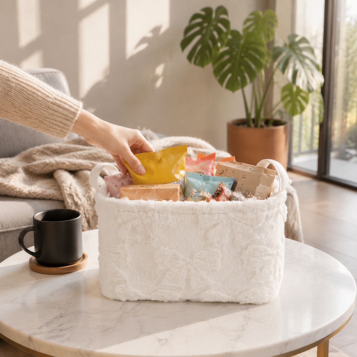 Cesta organizadora multifuncional de terciopelo con asa, perfecta para el hogar