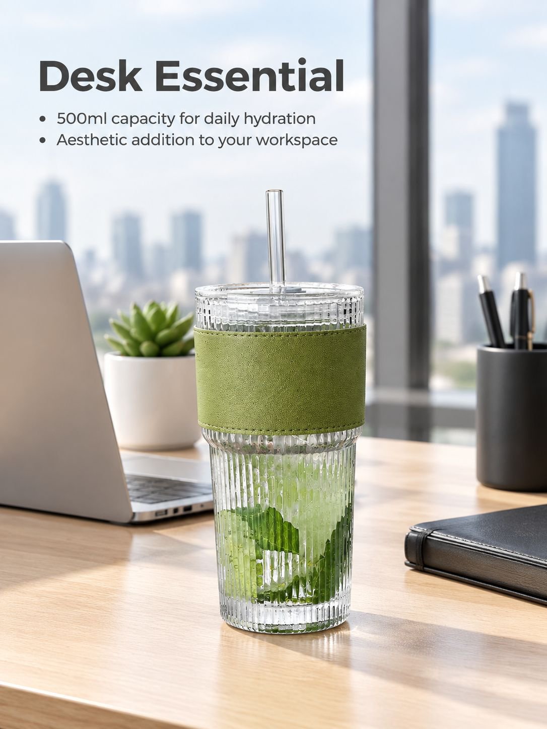 Vertical stripe clear glass cup styled for serving coffee